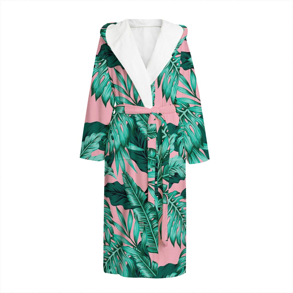 Teal Banana Leaves Pattern Print Hooded Bathrobe
