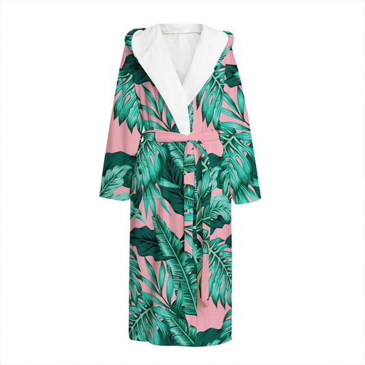 Teal Banana Leaves Pattern Print Hooded Bathrobe