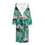 Teal Banana Leaves Pattern Print Hooded Bathrobe
