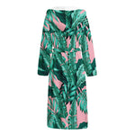 Teal Banana Leaves Pattern Print Hooded Bathrobe