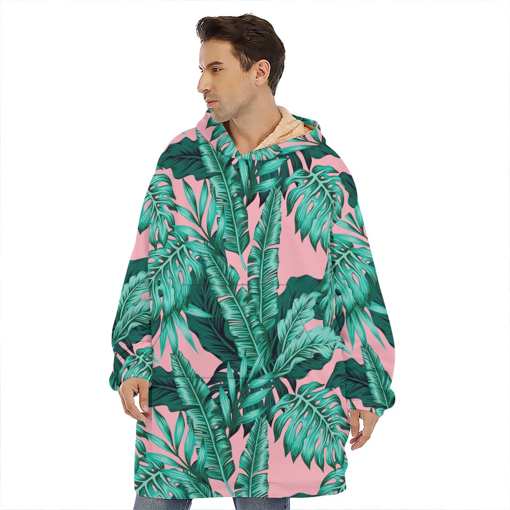 Teal Banana Leaves Pattern Print Hoodie Blanket