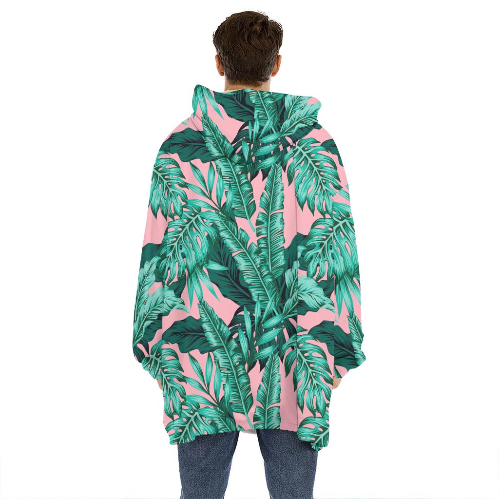 Teal Banana Leaves Pattern Print Hoodie Blanket