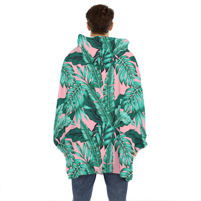 Teal Banana Leaves Pattern Print Hoodie Blanket