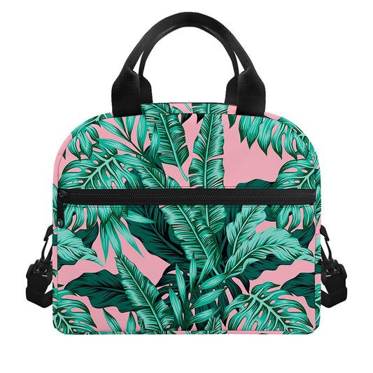 Teal Banana Leaves Pattern Print Insulated Lunch Bag