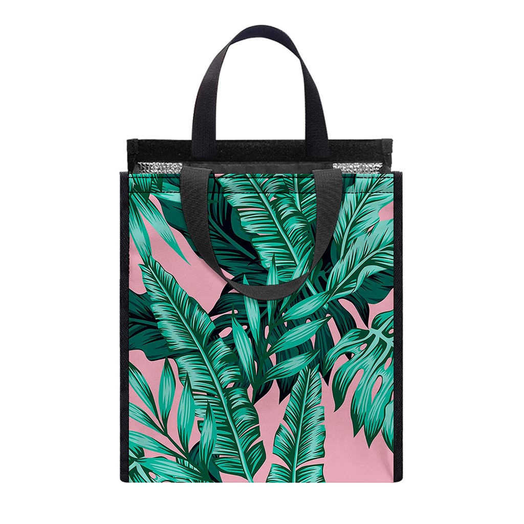 Teal Banana Leaves Pattern Print Insulated Lunch Tote