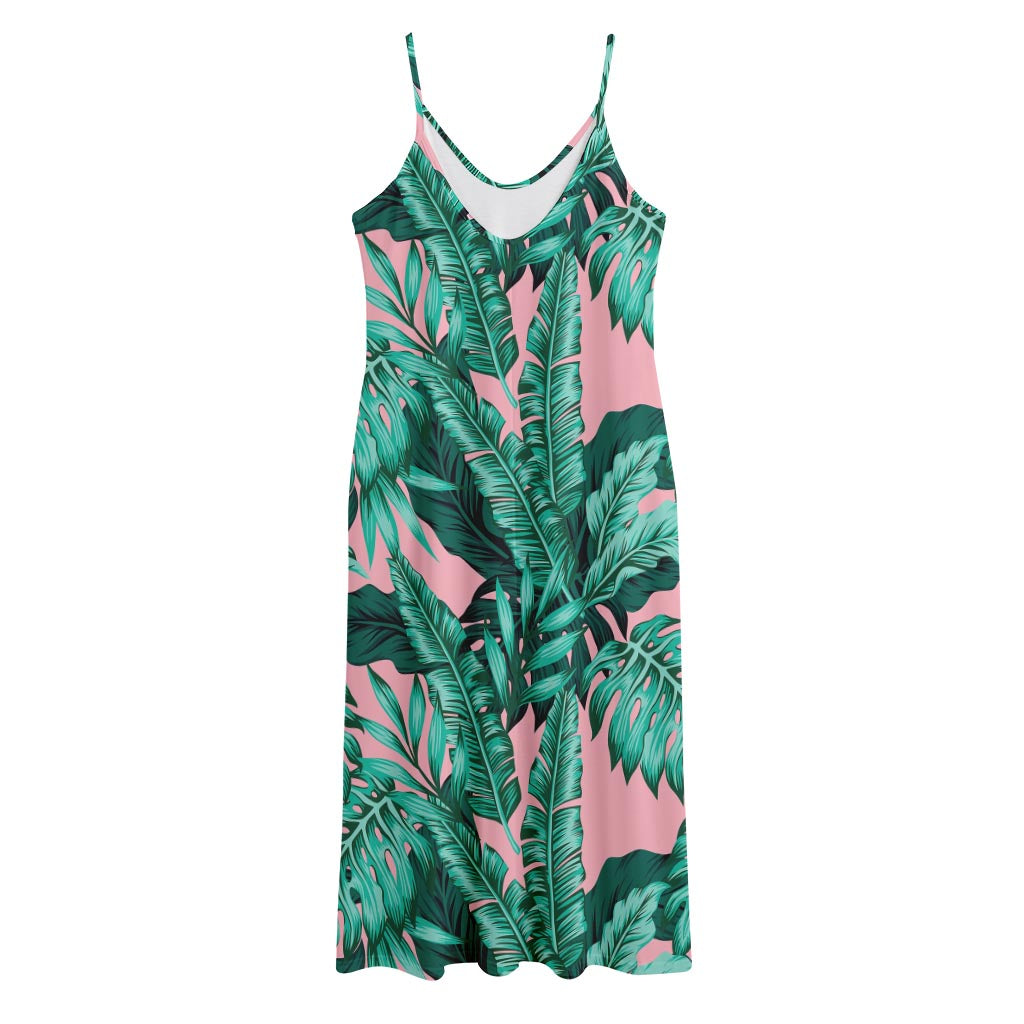 Teal Banana Leaves Pattern Print Jersey Midi Cami Dress