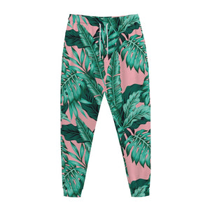 Teal Banana Leaves Pattern Print Jogger Pants