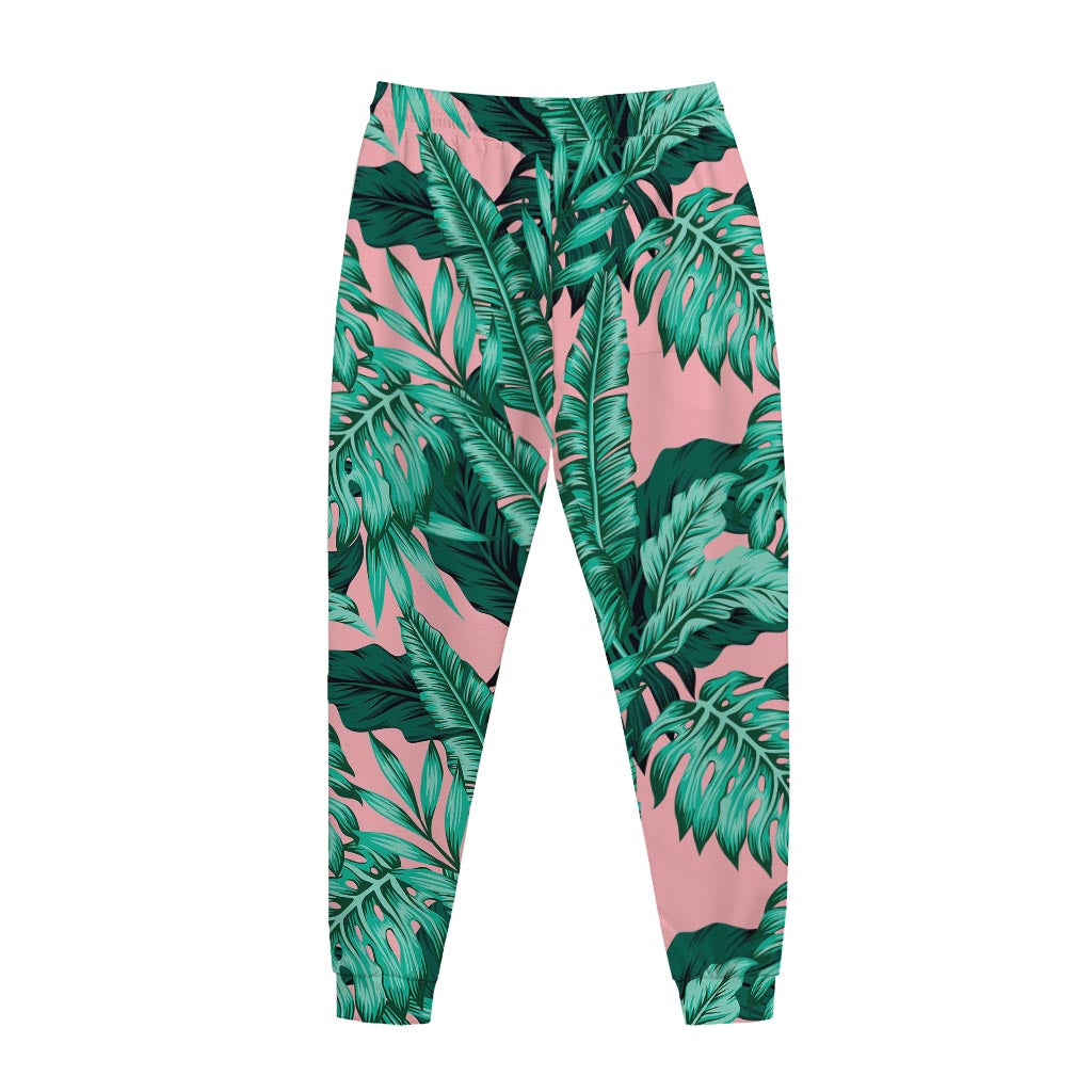 Teal Banana Leaves Pattern Print Jogger Pants