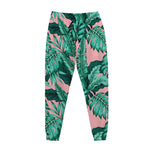 Teal Banana Leaves Pattern Print Jogger Pants