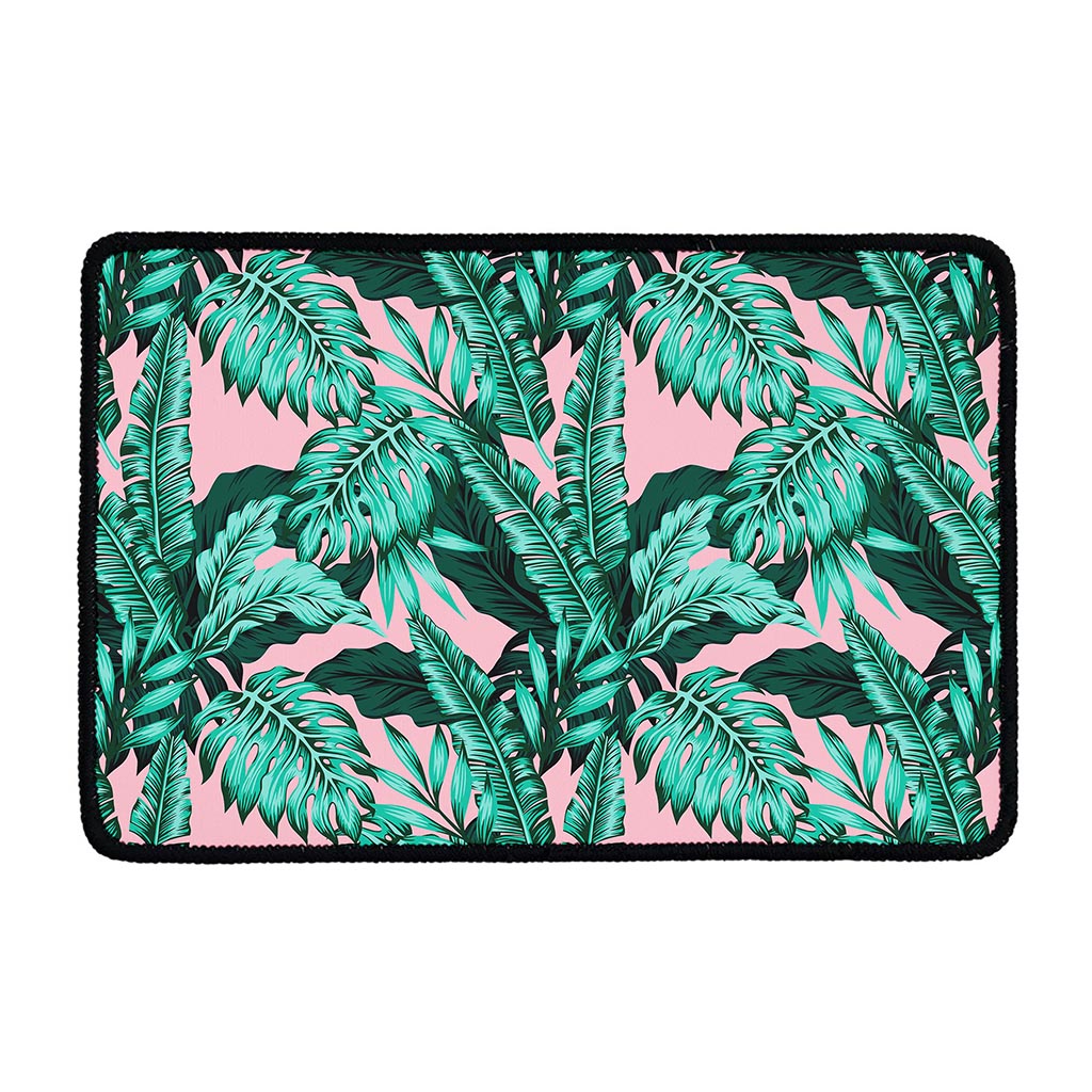 Teal Banana Leaves Pattern Print Kitchen Mat