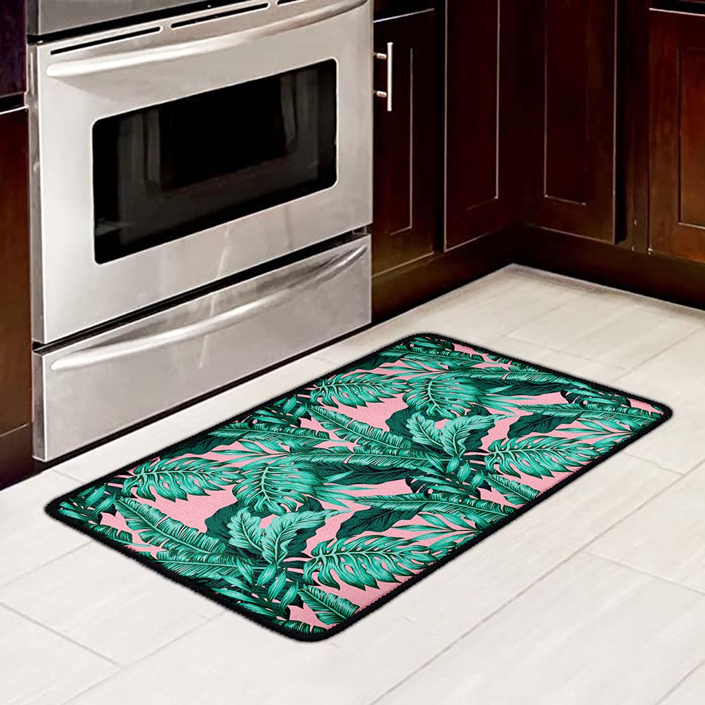 Teal Banana Leaves Pattern Print Kitchen Mat