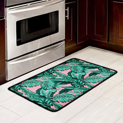 Teal Banana Leaves Pattern Print Kitchen Mat