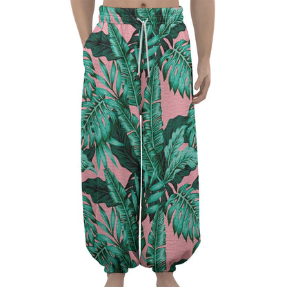 Teal Banana Leaves Pattern Print Lantern Pants