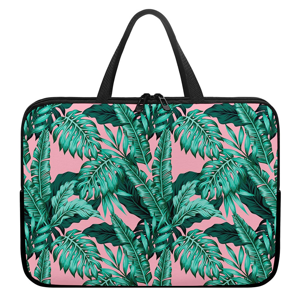 Teal Banana Leaves Pattern Print Laptop Sleeve With Handle