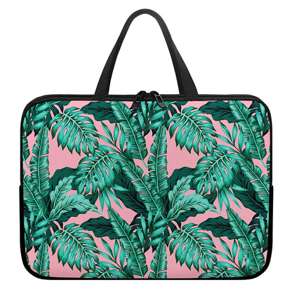 Teal Banana Leaves Pattern Print Laptop Sleeve With Handle