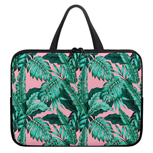 Teal Banana Leaves Pattern Print Laptop Sleeve With Handle