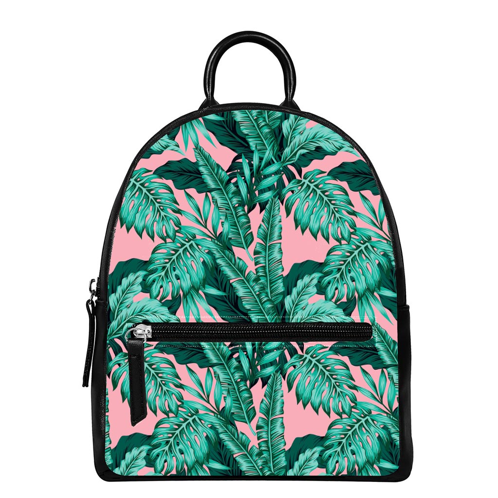 Teal Banana Leaves Pattern Print Leather Backpack