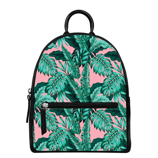 Teal Banana Leaves Pattern Print Leather Backpack