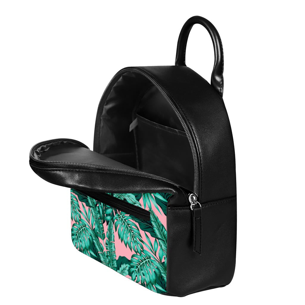 Teal Banana Leaves Pattern Print Leather Backpack