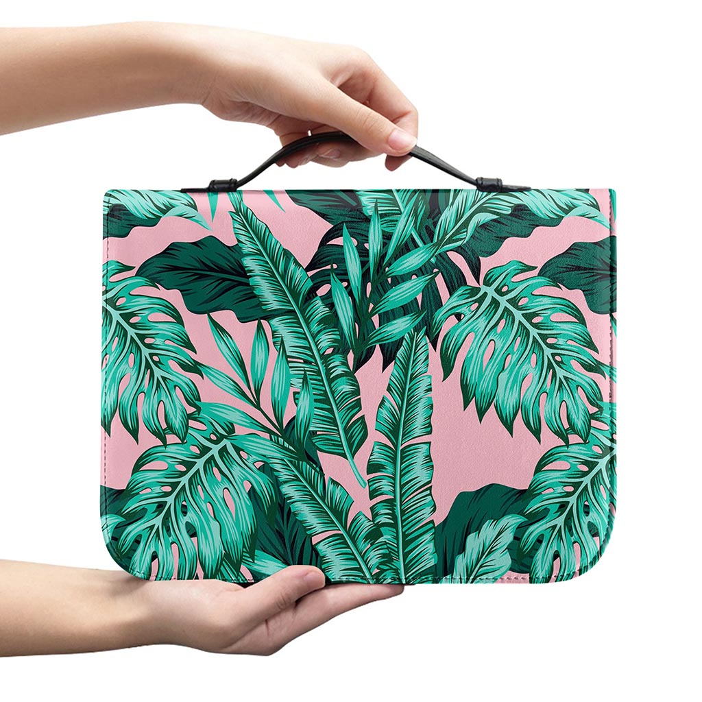 Teal Banana Leaves Pattern Print Leather Bible Cover