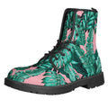 Teal Banana Leaves Pattern Print Lace-Up Boots