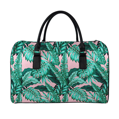 Teal Banana Leaves Pattern Print Leather Duffle Bag
