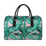 Teal Banana Leaves Pattern Print Leather Duffle Bag
