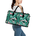 Teal Banana Leaves Pattern Print Leather Duffle Bag