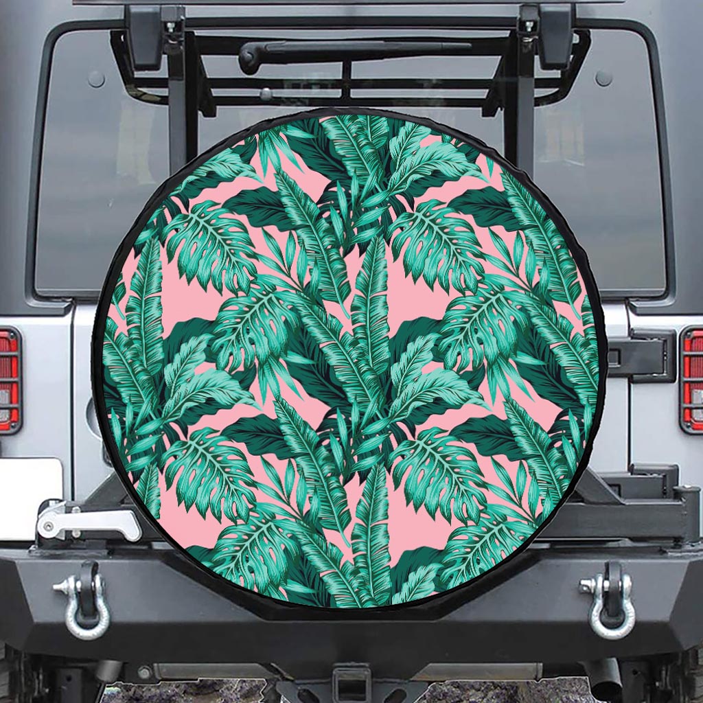 Teal Banana Leaves Pattern Print Leather Spare Tire Cover