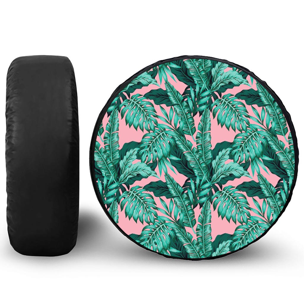 Teal Banana Leaves Pattern Print Leather Spare Tire Cover