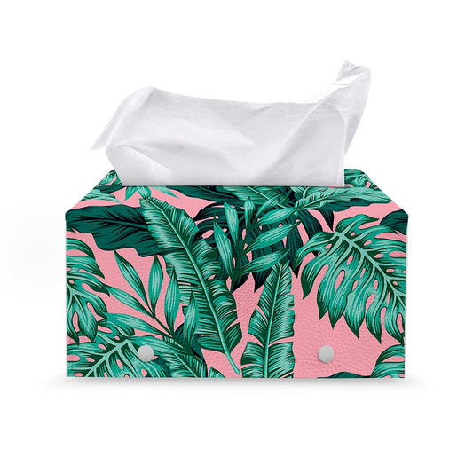 Teal Banana Leaves Pattern Print Leather Tissue Box Cover