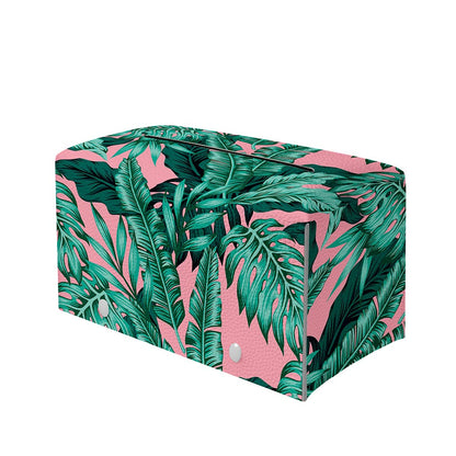 Teal Banana Leaves Pattern Print Leather Tissue Box Cover