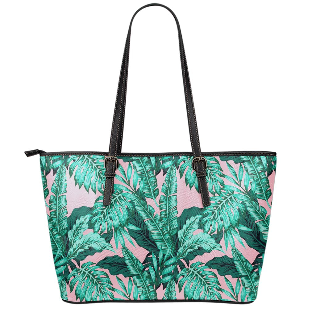 Teal Banana Leaves Pattern Print Leather Tote Bag