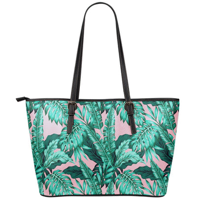 Teal Banana Leaves Pattern Print Leather Tote Bag