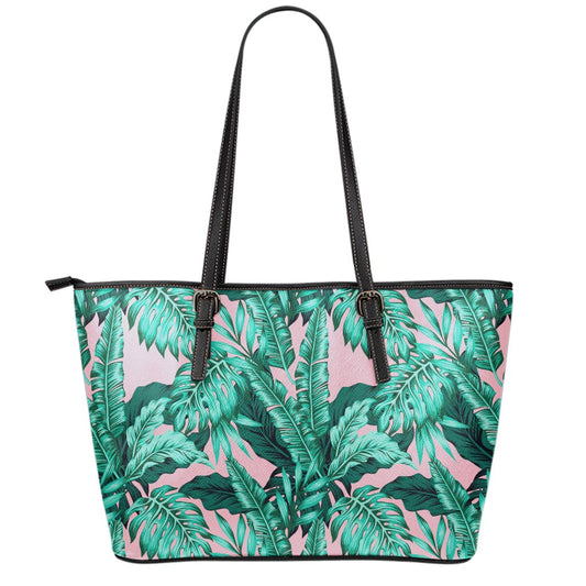 Teal Banana Leaves Pattern Print Leather Tote Bag