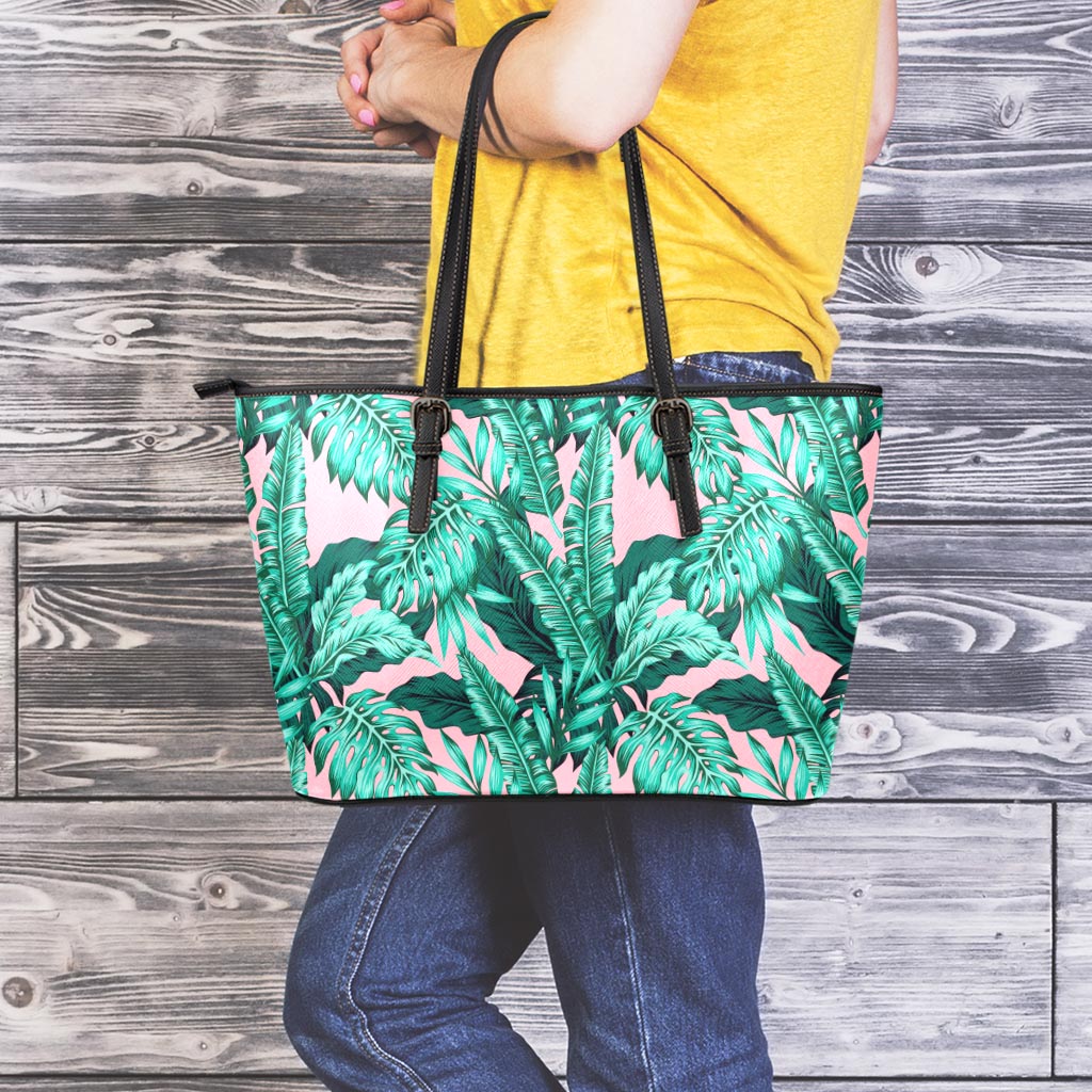 Teal Banana Leaves Pattern Print Leather Tote Bag