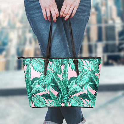 Teal Banana Leaves Pattern Print Leather Tote Bag