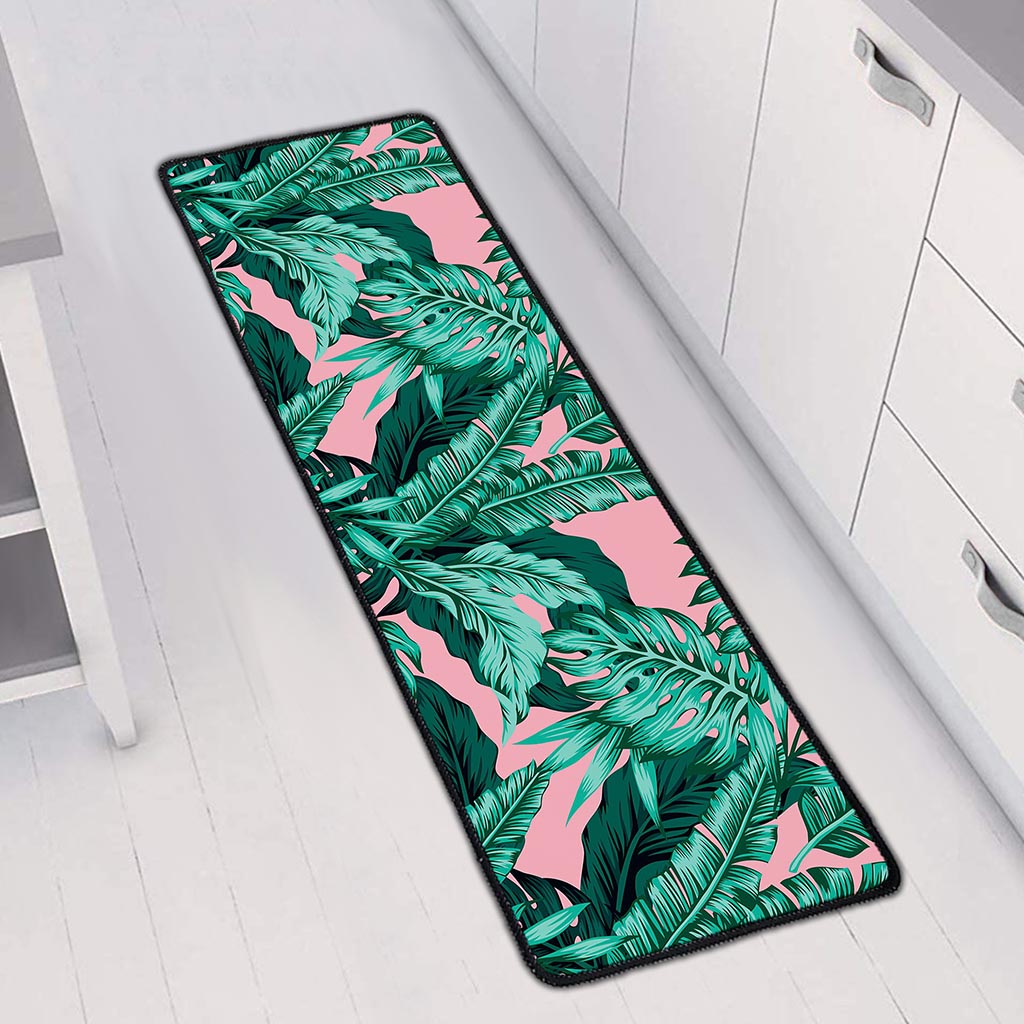 Teal Banana Leaves Pattern Print Long Kitchen Mat