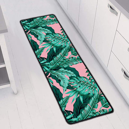 Teal Banana Leaves Pattern Print Long Kitchen Mat