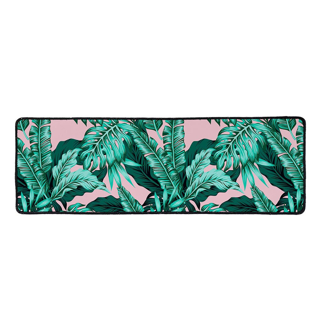 Teal Banana Leaves Pattern Print Long Kitchen Mat