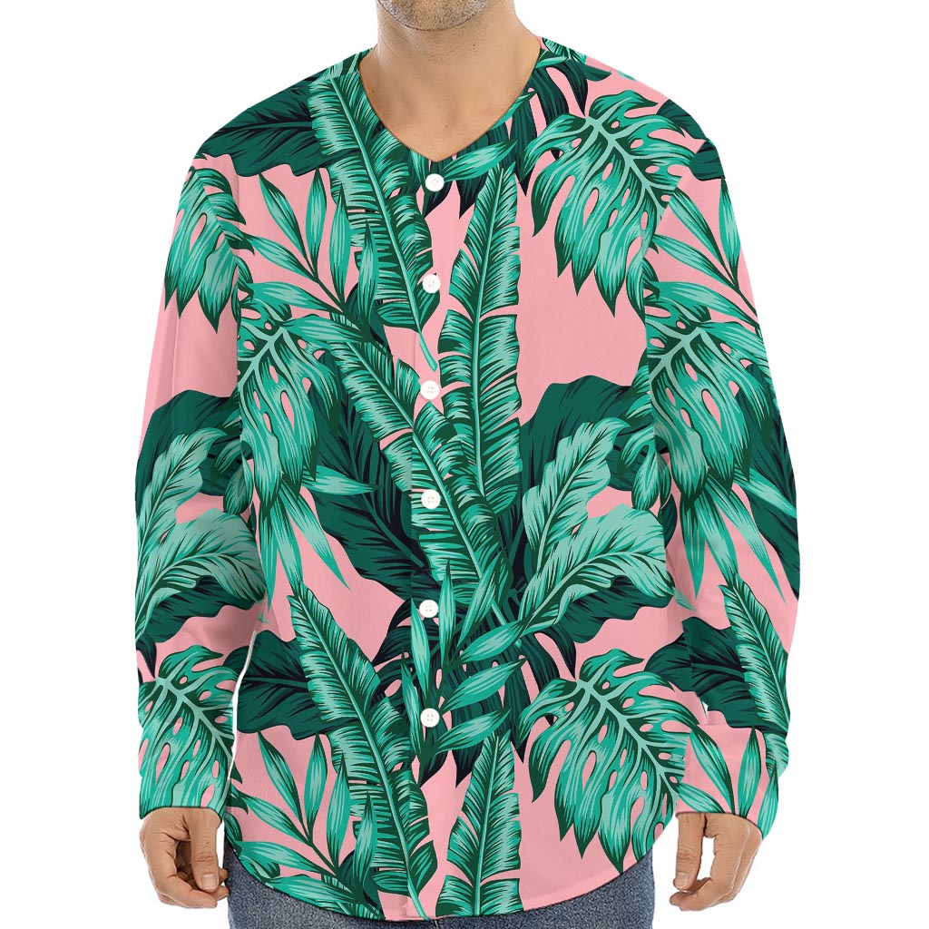 Teal Banana Leaves Pattern Print Long Sleeve Baseball Jersey