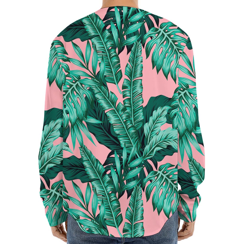 Teal Banana Leaves Pattern Print Long Sleeve Baseball Jersey