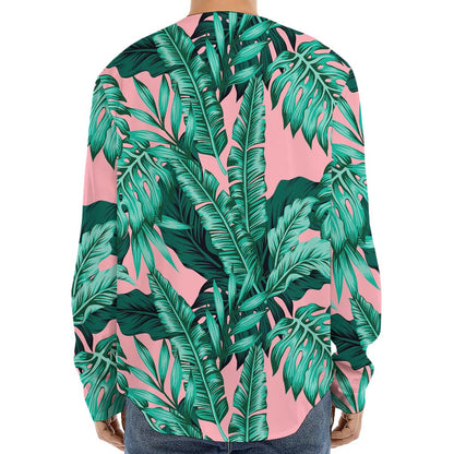 Teal Banana Leaves Pattern Print Long Sleeve Baseball Jersey