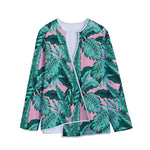 Teal Banana Leaves Pattern Print Long Sleeve Short Coat
