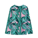 Teal Banana Leaves Pattern Print Long Sleeve Short Coat
