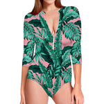 Teal Banana Leaves Pattern Print Long Sleeve Swimsuit