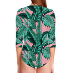 Teal Banana Leaves Pattern Print Long Sleeve Swimsuit