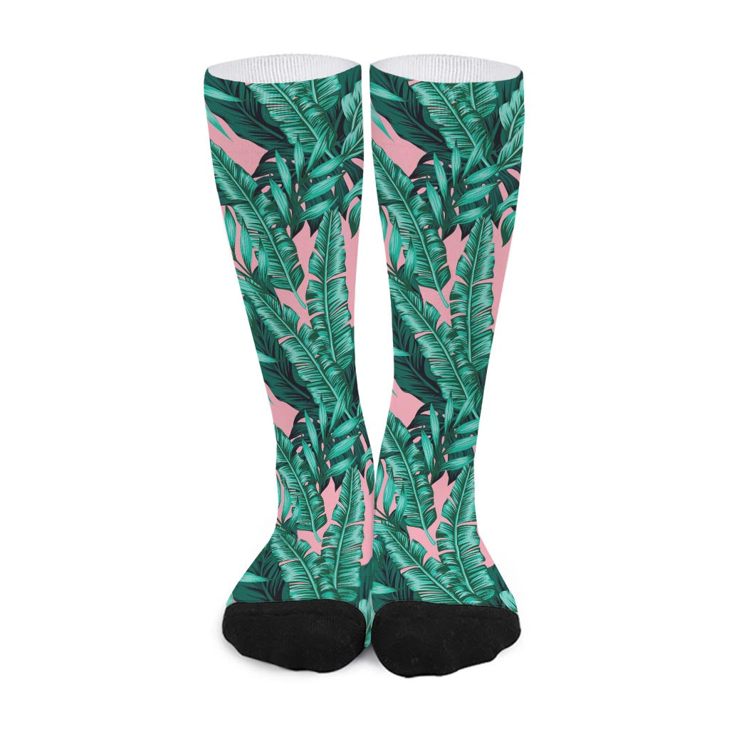 Teal Banana Leaves Pattern Print Long Socks