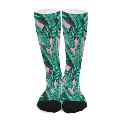 Teal Banana Leaves Pattern Print Long Socks