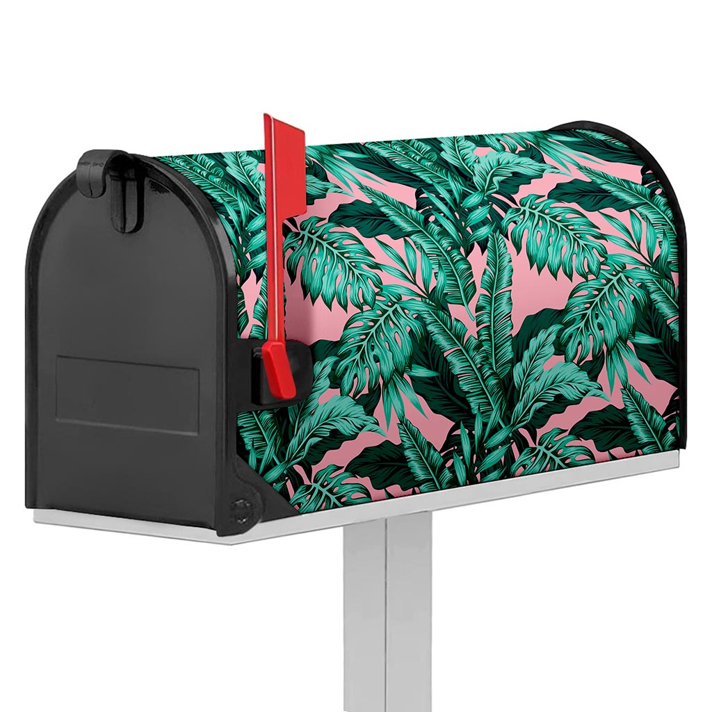Teal Banana Leaves Pattern Print Mailbox Cover
